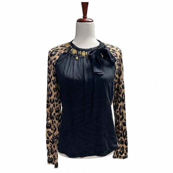 Tory Burch Blouse Size Small Women's Silk‎ Cheetah Print Longsleeve Rhinestone - Picture 1 of 9